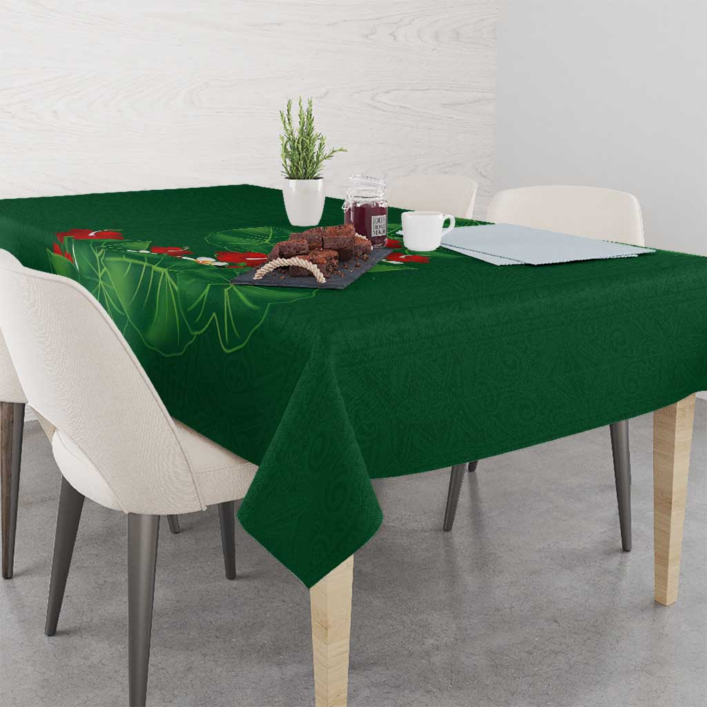 Hawaiian Taro Leaves-Hibiscus and Plumeria Tablecloth Polynesian Art-Kakau Tattoo Green