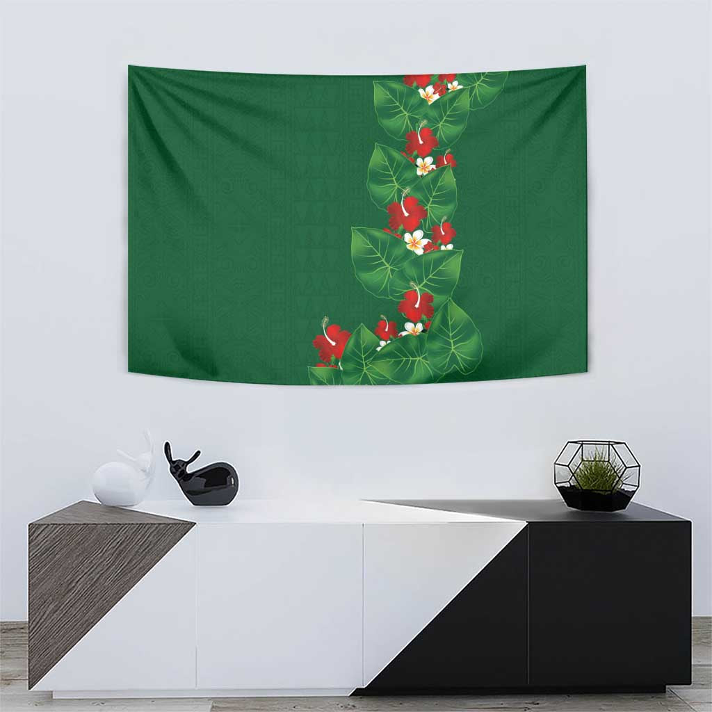 Hawaiian Taro Leaves-Hibiscus and Plumeria Tapestry Polynesian Art-Kakau Tattoo Green