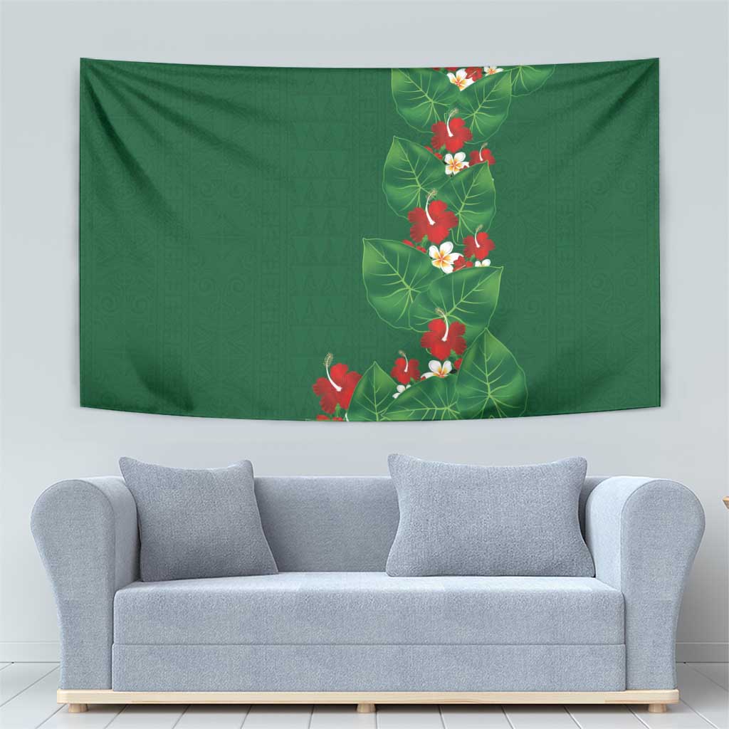 Hawaiian Taro Leaves-Hibiscus and Plumeria Tapestry Polynesian Art-Kakau Tattoo Green