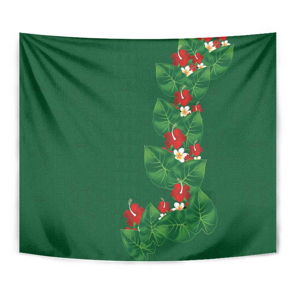 Hawaiian Taro Leaves-Hibiscus and Plumeria Tapestry Polynesian Art-Kakau Tattoo Green