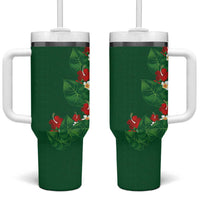 Hawaiian Taro Leaves-Hibiscus and Plumeria Tumbler With Handle Polynesian Art-Kakau Tattoo Green