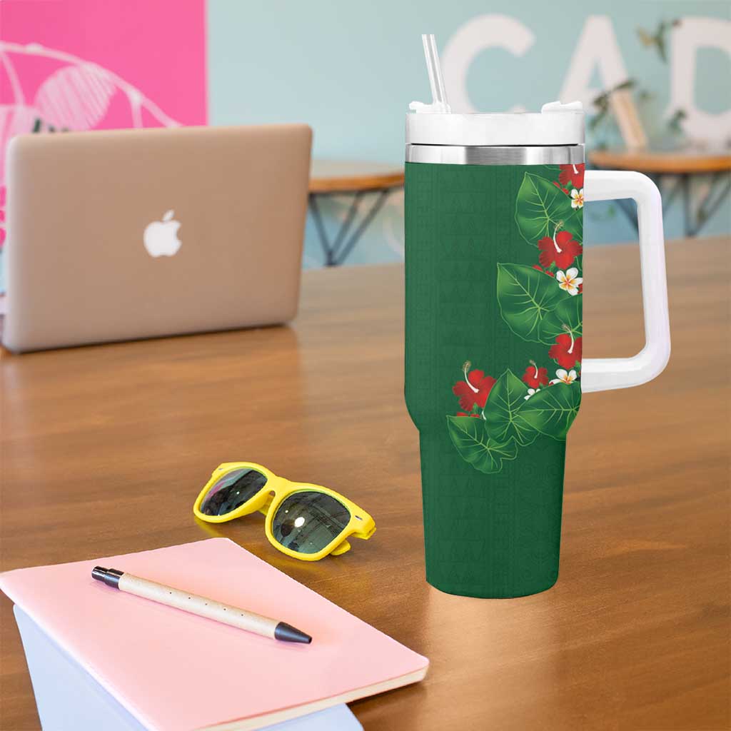 Hawaiian Taro Leaves-Hibiscus and Plumeria Tumbler With Handle Polynesian Art-Kakau Tattoo Green