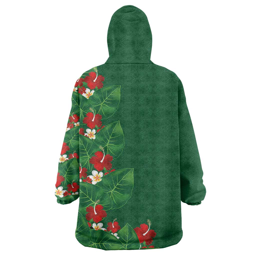 Hawaiian Taro Leaves-Hibiscus and Plumeria Wearable Blanket Hoodie Polynesian Art-Kakau Tattoo Green