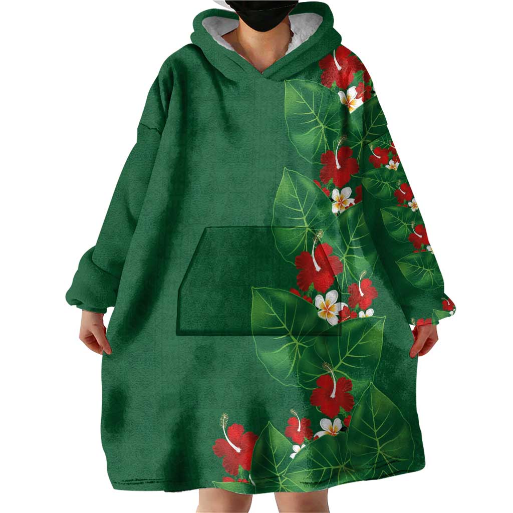 Hawaiian Taro Leaves-Hibiscus and Plumeria Wearable Blanket Hoodie Polynesian Art-Kakau Tattoo Green