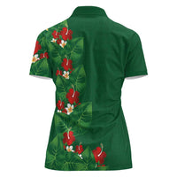 Hawaiian Taro Leaves-Hibiscus and Plumeria Women Polo Shirt Polynesian Art-Kakau Tattoo Green