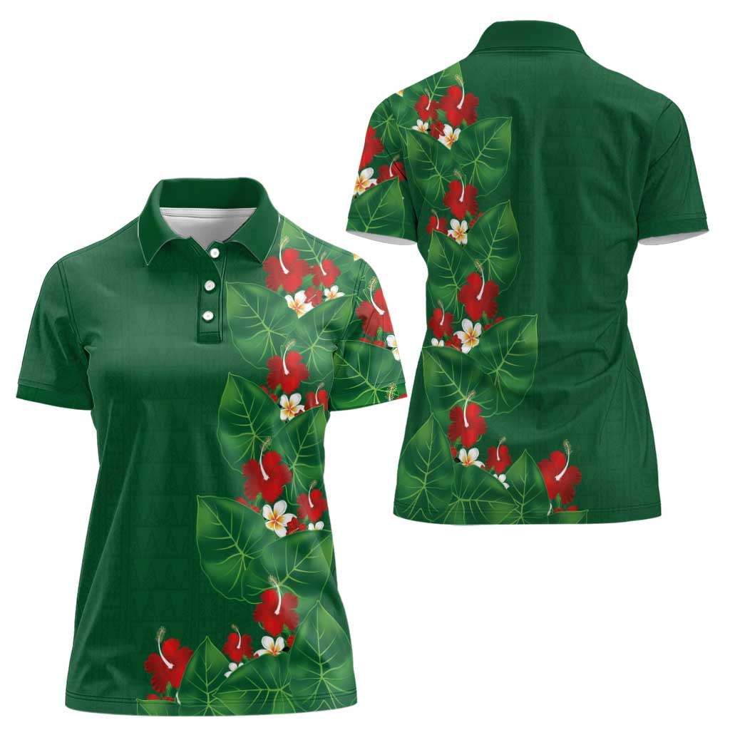 Hawaiian Taro Leaves-Hibiscus and Plumeria Women Polo Shirt Polynesian Art-Kakau Tattoo Green