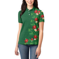 Hawaiian Taro Leaves-Hibiscus and Plumeria Women Polo Shirt Polynesian Art-Kakau Tattoo Green