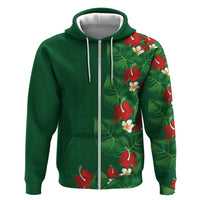 Hawaiian Taro Leaves-Hibiscus and Plumeria Zip Hoodie Polynesian Art-Kakau Tattoo Green
