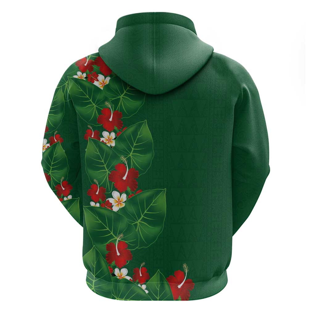Hawaiian Taro Leaves-Hibiscus and Plumeria Zip Hoodie Polynesian Art-Kakau Tattoo Green