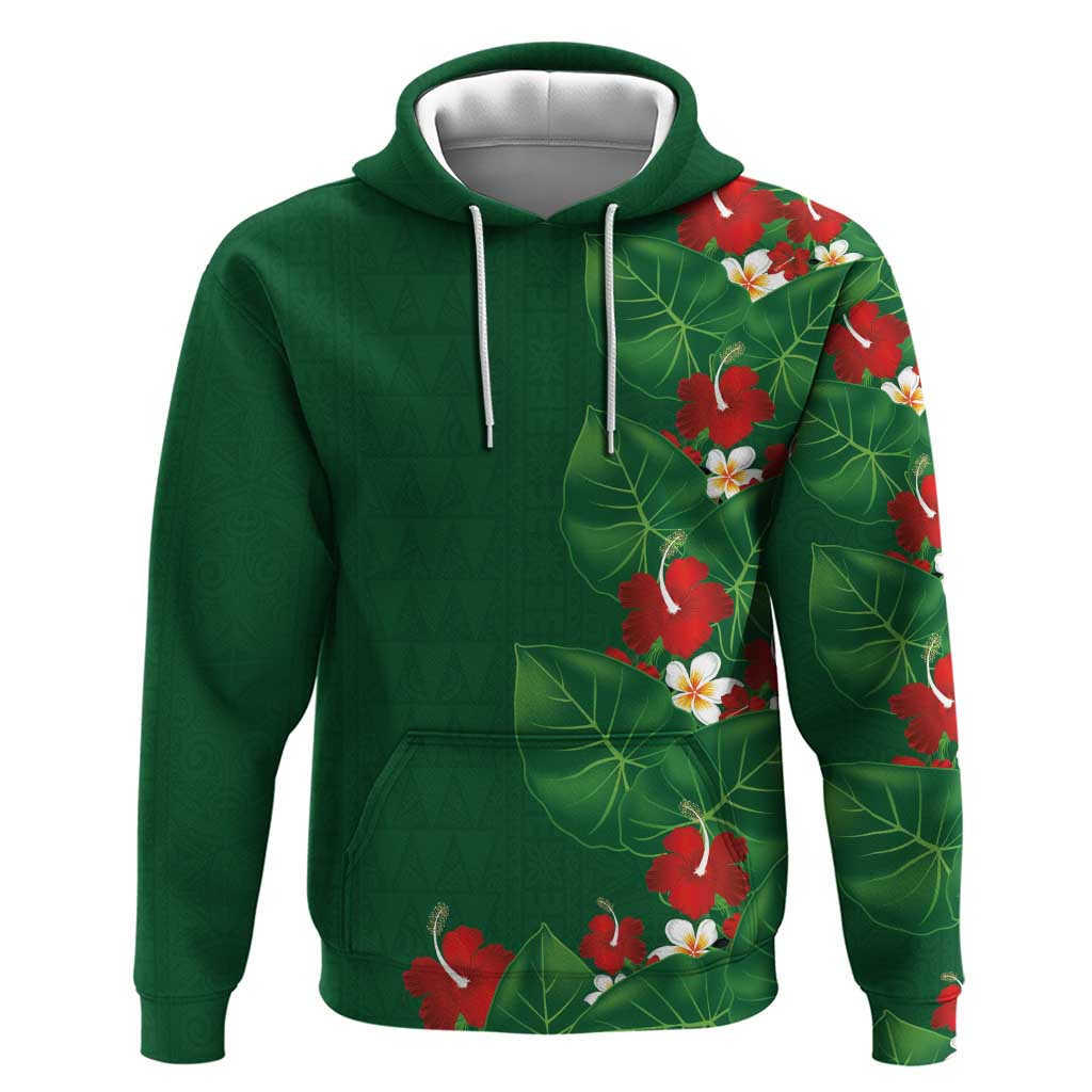 Hawaiian Taro Leaves-Hibiscus and Plumeria Zip Hoodie Polynesian Art-Kakau Tattoo Green