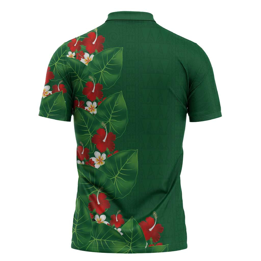 Hawaiian Taro Leaves-Hibiscus and Plumeria Zipper Polo Shirt Polynesian Art-Kakau Tattoo Green