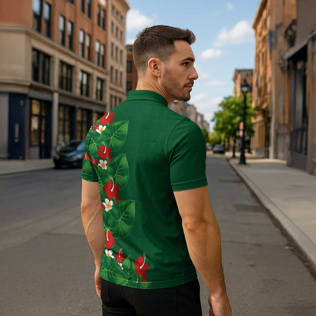 Hawaiian Taro Leaves-Hibiscus and Plumeria Zipper Polo Shirt Polynesian Art-Kakau Tattoo Green