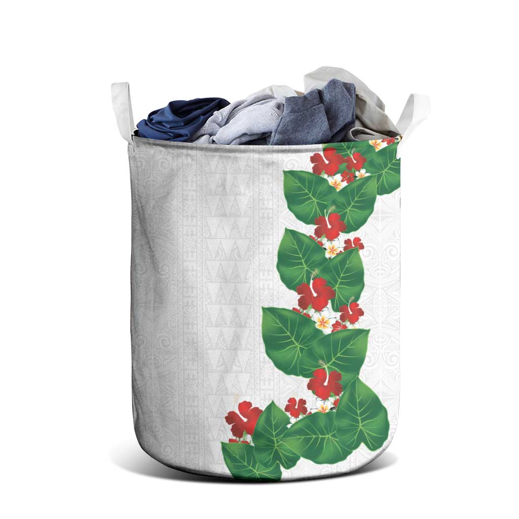Hawaiian Taro Leaves-Hibiscus and Plumeria Laundry Basket Polynesian Art-Kakau Tattoo White