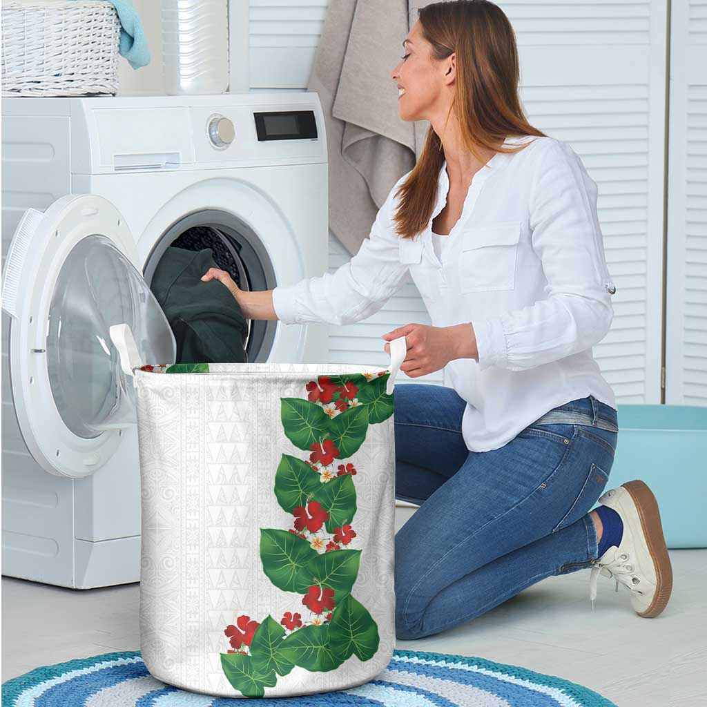 Hawaiian Taro Leaves-Hibiscus and Plumeria Laundry Basket Polynesian Art-Kakau Tattoo White