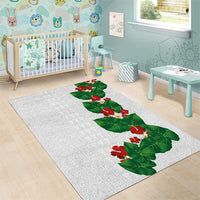 Hawaiian Taro Leaves-Hibiscus and Plumeria Area Rug Polynesian Art-Kakau Tattoo White