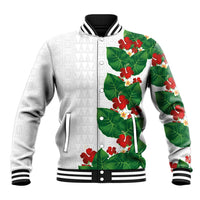 Hawaiian Taro Leaves-Hibiscus and Plumeria Baseball Jacket Polynesian Art-Kakau Tattoo White