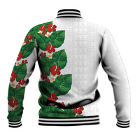 Hawaiian Taro Leaves-Hibiscus and Plumeria Baseball Jacket Polynesian Art-Kakau Tattoo White