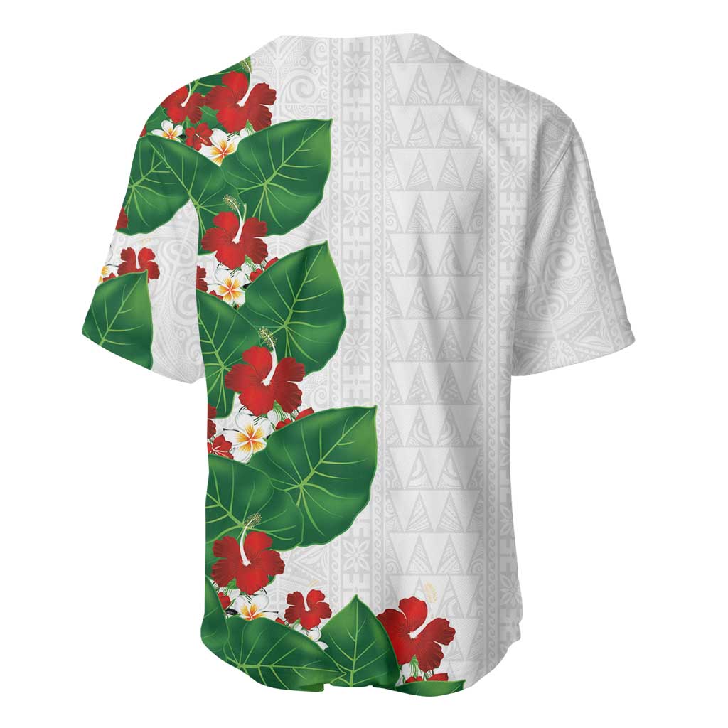 Hawaiian Taro Leaves-Hibiscus and Plumeria Baseball Jersey Polynesian Art-Kakau Tattoo White
