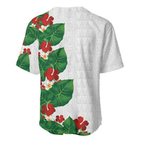 Hawaiian Taro Leaves-Hibiscus and Plumeria Baseball Jersey Polynesian Art-Kakau Tattoo White