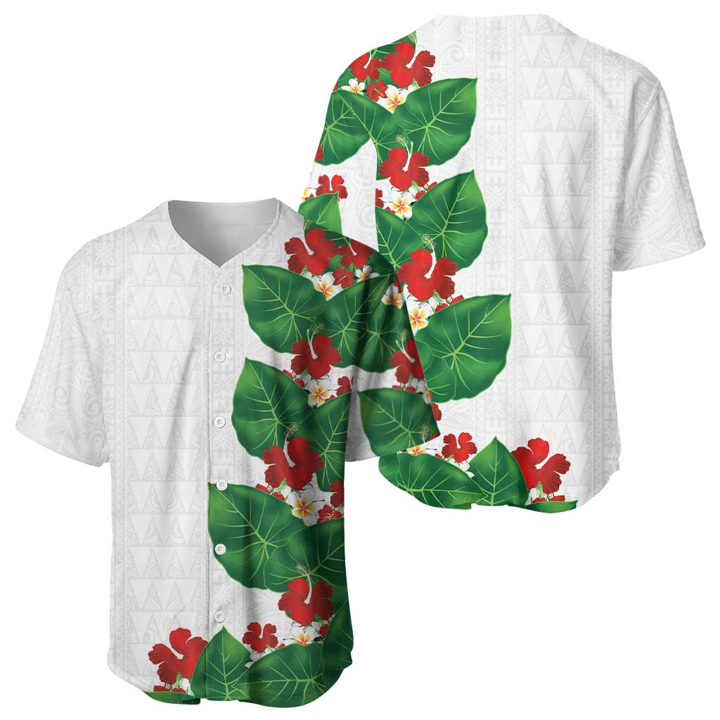 Hawaiian Taro Leaves-Hibiscus and Plumeria Baseball Jersey Polynesian Art-Kakau Tattoo White