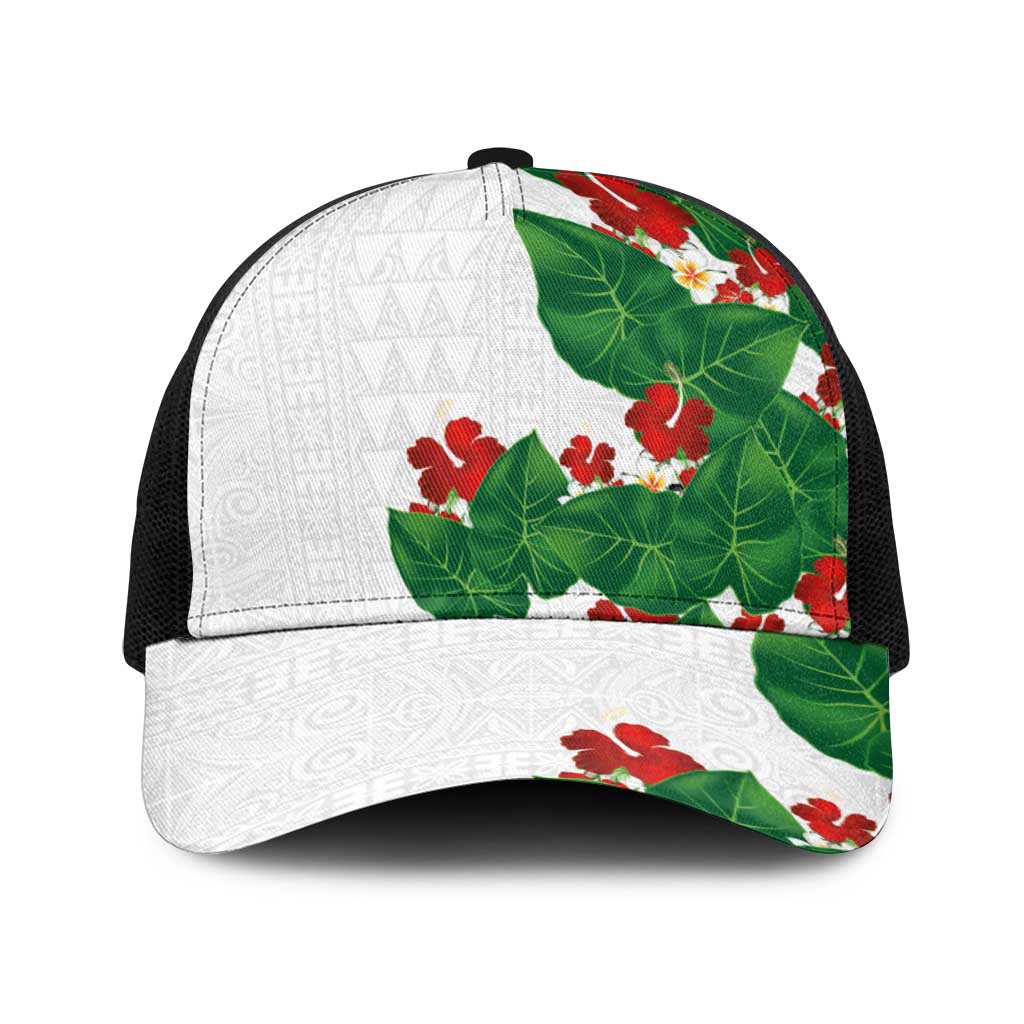 Hawaiian Taro Leaves-Hibiscus and Plumeria Baseball Net Cap Polynesian Art-Kakau Tattoo White