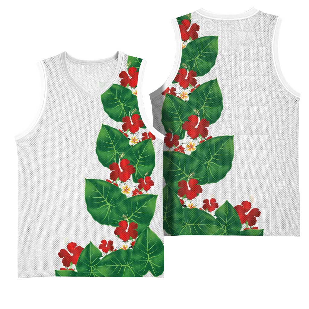 Hawaiian Taro Leaves-Hibiscus and Plumeria Basketball Jersey Polynesian Art-Kakau Tattoo White