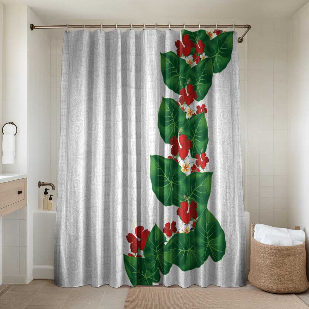 Hawaiian Taro Leaves-Hibiscus and Plumeria Bathroom Set Polynesian Art-Kakau Tattoo White