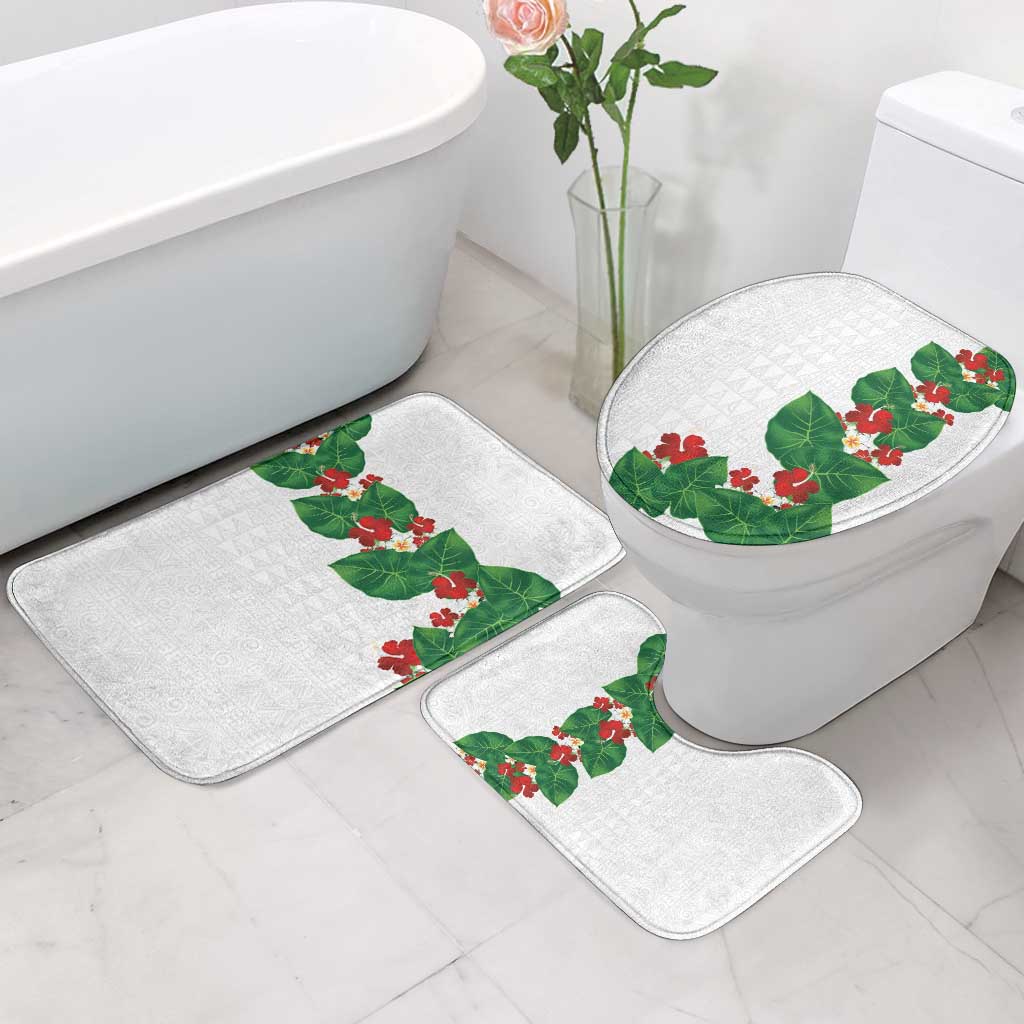 Hawaiian Taro Leaves-Hibiscus and Plumeria Bathroom Set Polynesian Art-Kakau Tattoo White