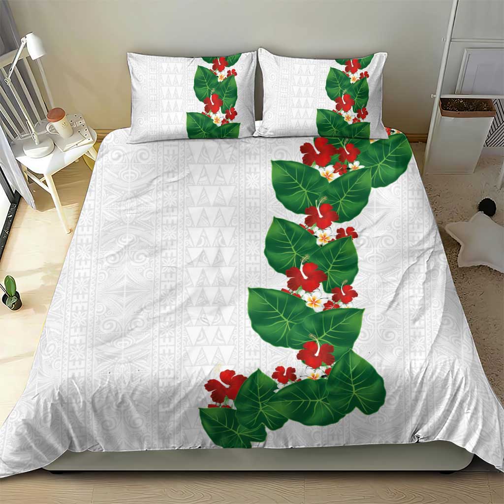 Hawaiian Taro Leaves-Hibiscus and Plumeria Bedding Set Polynesian Art-Kakau Tattoo White