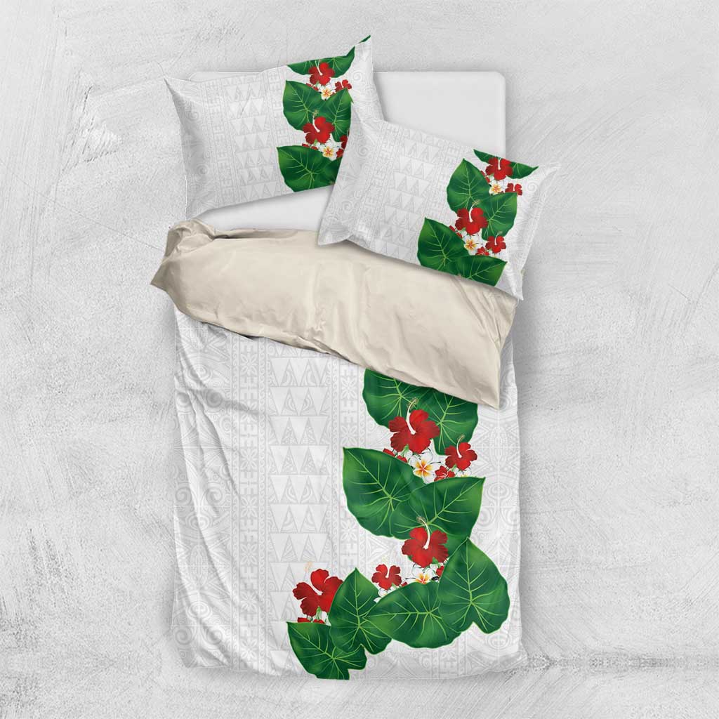 Hawaiian Taro Leaves-Hibiscus and Plumeria Bedding Set Polynesian Art-Kakau Tattoo White