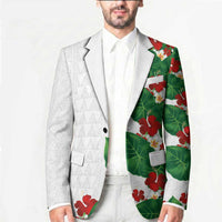 Hawaiian Taro Leaves-Hibiscus and Plumeria Blazer Polynesian Art-Kakau Tattoo White