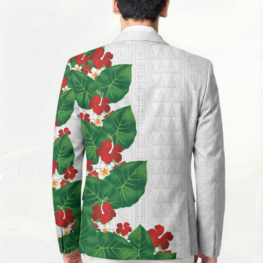 Hawaiian Taro Leaves-Hibiscus and Plumeria Blazer Polynesian Art-Kakau Tattoo White