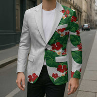 Hawaiian Taro Leaves-Hibiscus and Plumeria Blazer Polynesian Art-Kakau Tattoo White