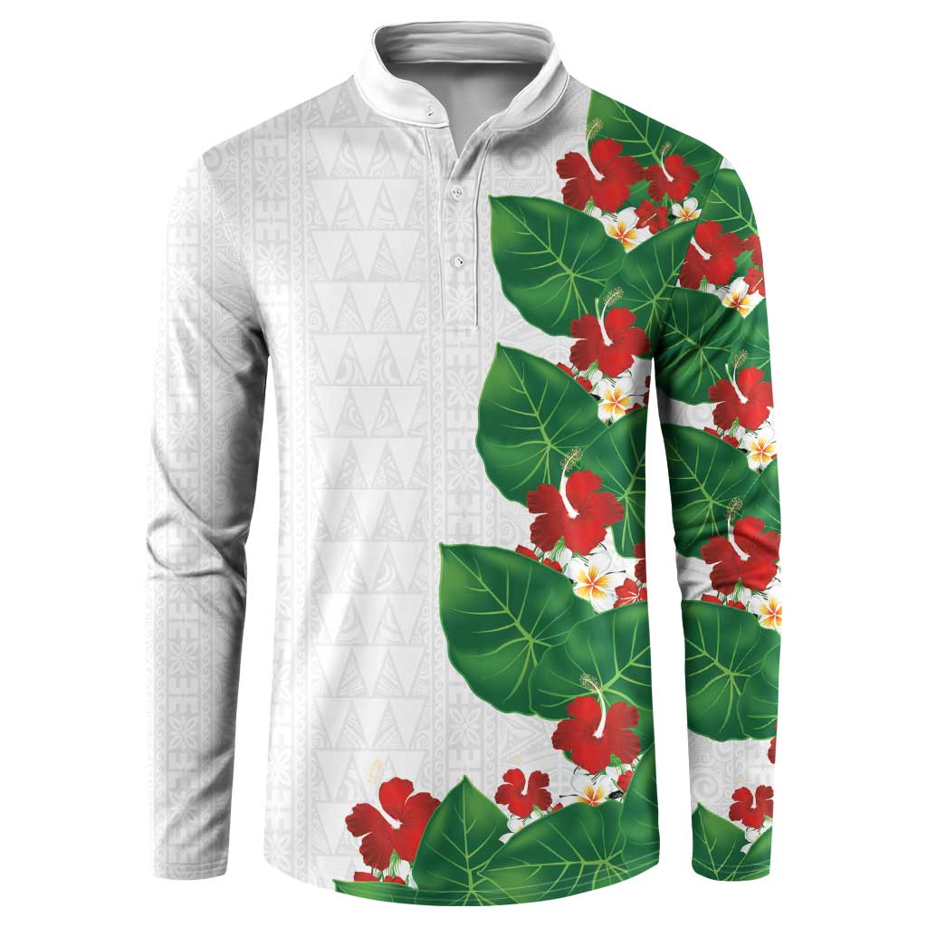 Hawaiian Taro Leaves-Hibiscus and Plumeria Button Sweatshirt Polynesian Art-Kakau Tattoo White LT03 White - Polynesian Pride