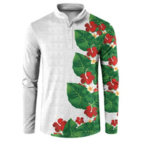 Hawaiian Taro Leaves-Hibiscus and Plumeria Button Sweatshirt Polynesian Art-Kakau Tattoo White LT03 White - Polynesian Pride