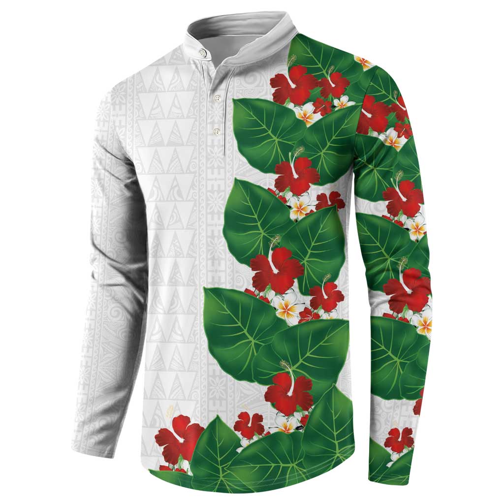 Hawaiian Taro Leaves-Hibiscus and Plumeria Button Sweatshirt Polynesian Art-Kakau Tattoo White LT03 - Polynesian Pride