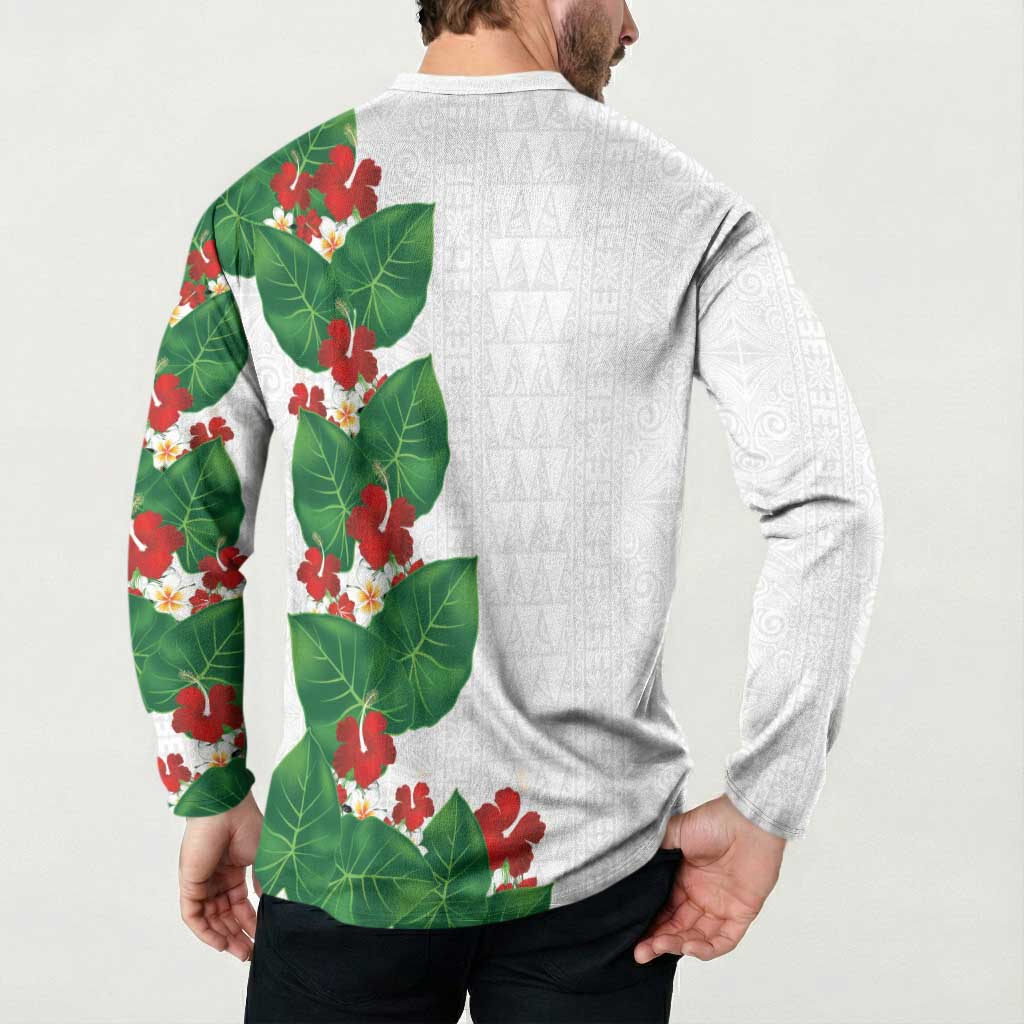 Hawaiian Taro Leaves-Hibiscus and Plumeria Button Sweatshirt Polynesian Art-Kakau Tattoo White LT03 - Polynesian Pride