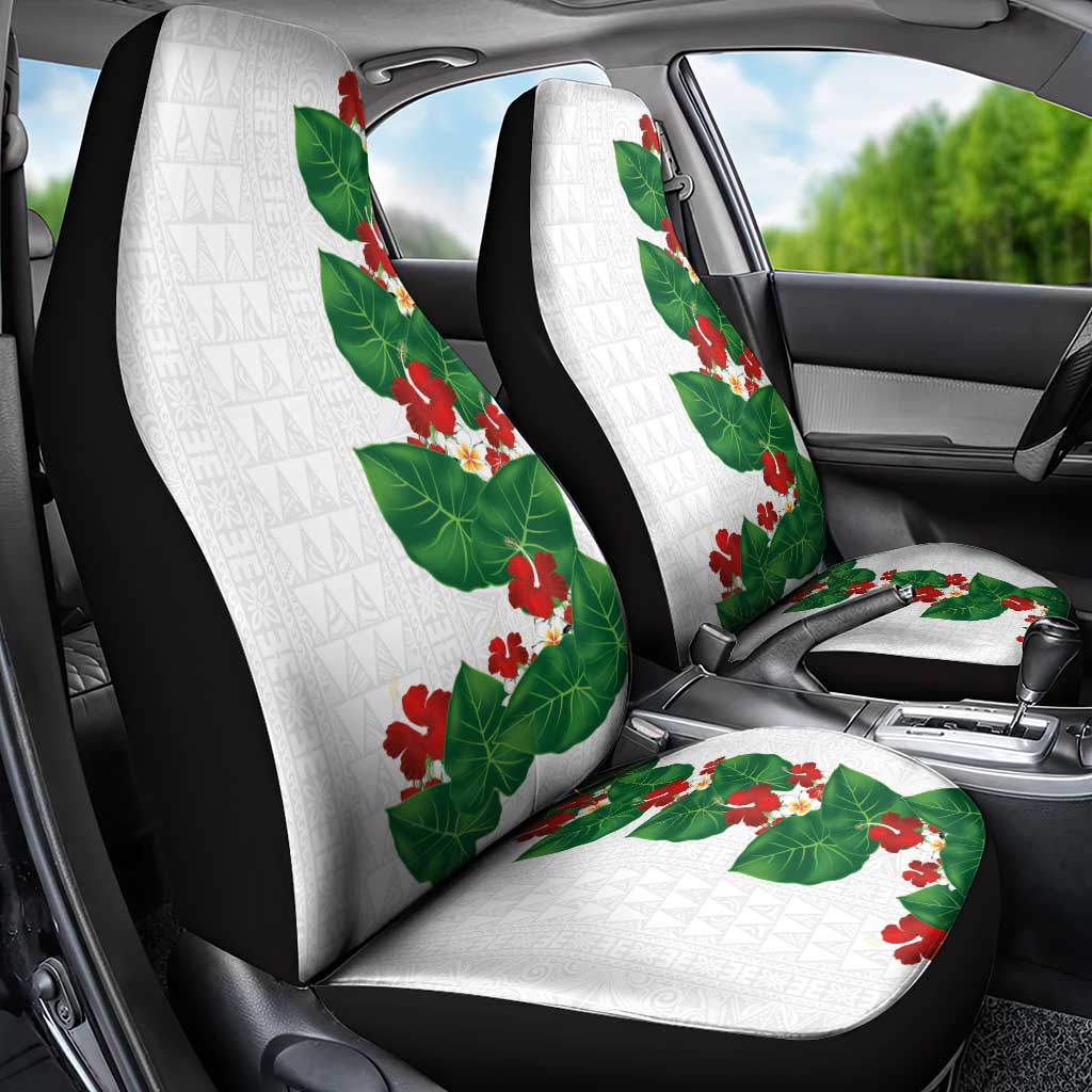 Hawaiian Taro Leaves-Hibiscus and Plumeria Car Seat Cover Polynesian Art-Kakau Tattoo White