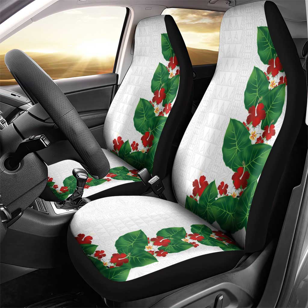 Hawaiian Taro Leaves-Hibiscus and Plumeria Car Seat Cover Polynesian Art-Kakau Tattoo White