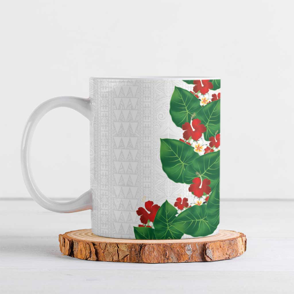 Hawaiian Taro Leaves-Hibiscus and Plumeria Ceramic Mug Polynesian Art-Kakau Tattoo White LT03 White - Polynesian Pride