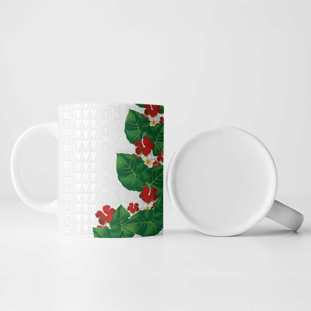 Hawaiian Taro Leaves-Hibiscus and Plumeria Ceramic Mug Polynesian Art-Kakau Tattoo White LT03 - Polynesian Pride