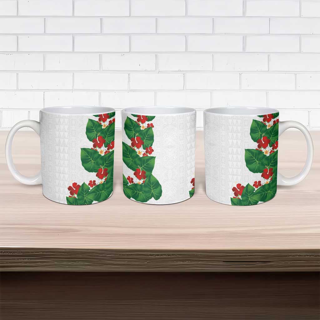Hawaiian Taro Leaves-Hibiscus and Plumeria Ceramic Mug Polynesian Art-Kakau Tattoo White LT03 - Polynesian Pride