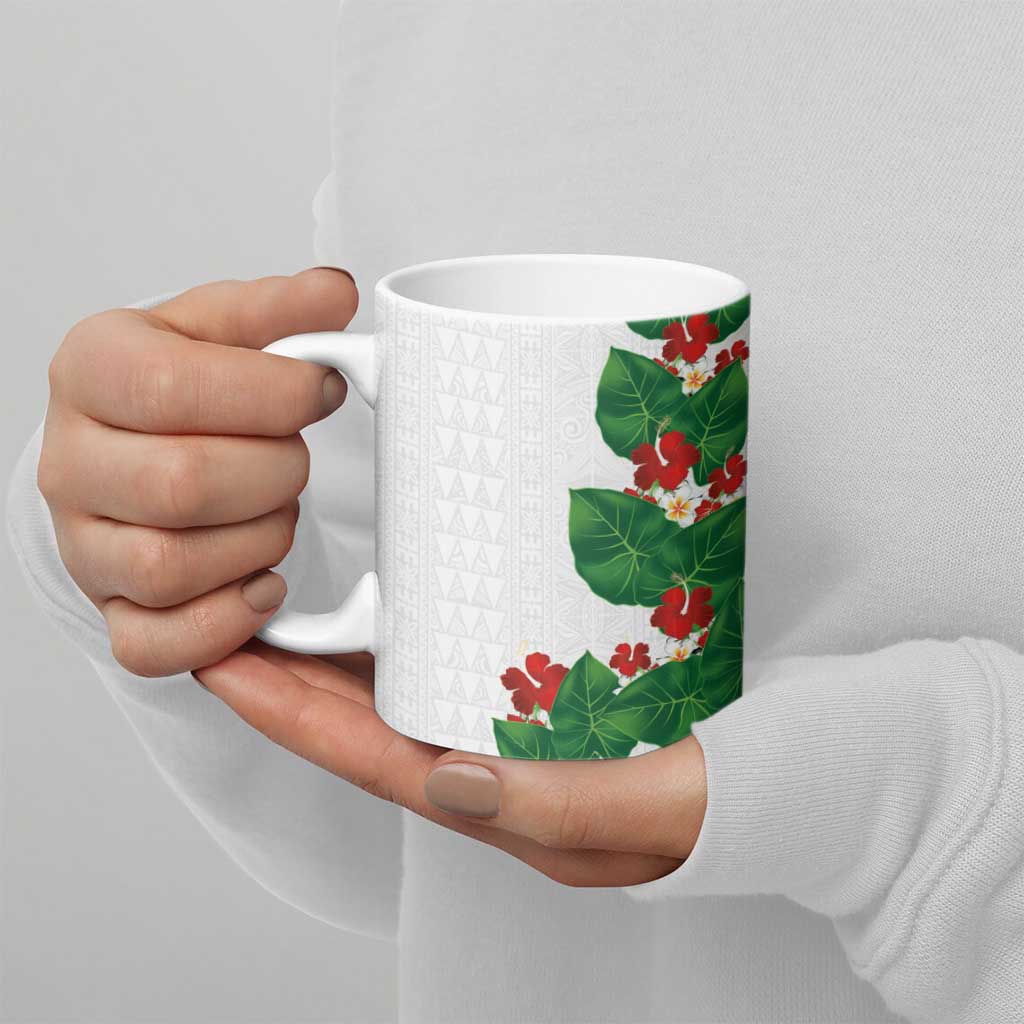 Hawaiian Taro Leaves-Hibiscus and Plumeria Ceramic Mug Polynesian Art-Kakau Tattoo White LT03 - Polynesian Pride