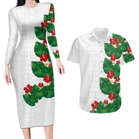 Hawaiian Taro Leaves-Hibiscus and Plumeria Couples Matching Long Sleeve Bodycon Dress and Hawaiian Shirt Polynesian Art-Kakau Tattoo White