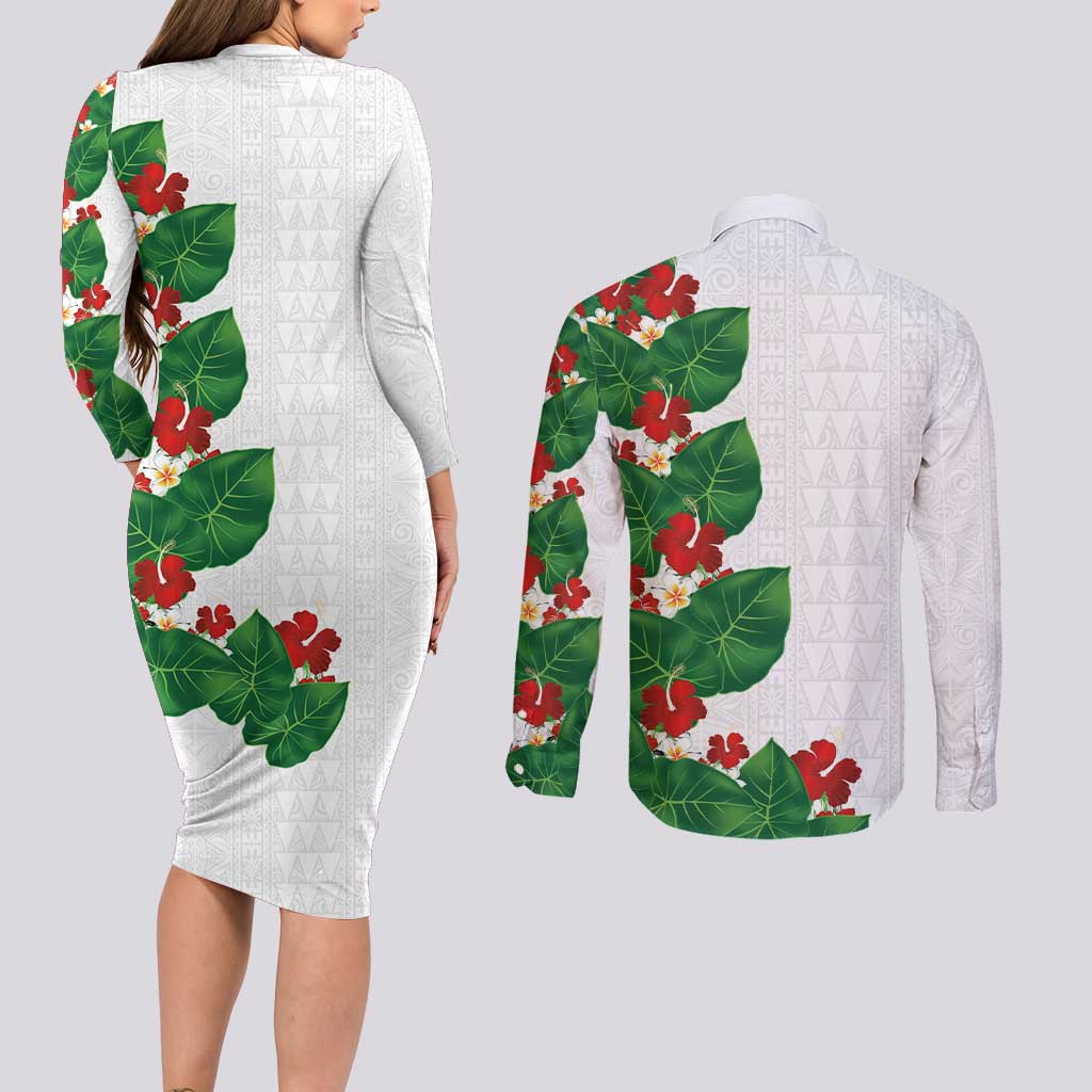 Hawaiian Taro Leaves-Hibiscus and Plumeria Couples Matching Long Sleeve Bodycon Dress and Long Sleeve Button Shirt Polynesian Art-Kakau Tattoo White