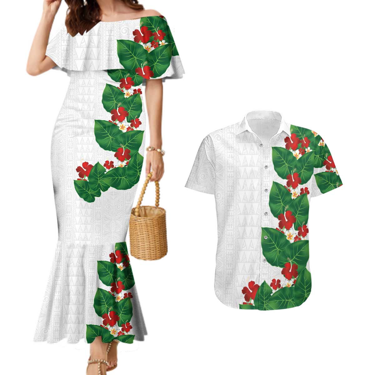 Hawaiian Taro Leaves-Hibiscus and Plumeria Couples Matching Mermaid Dress and Hawaiian Shirt Polynesian Art-Kakau Tattoo White