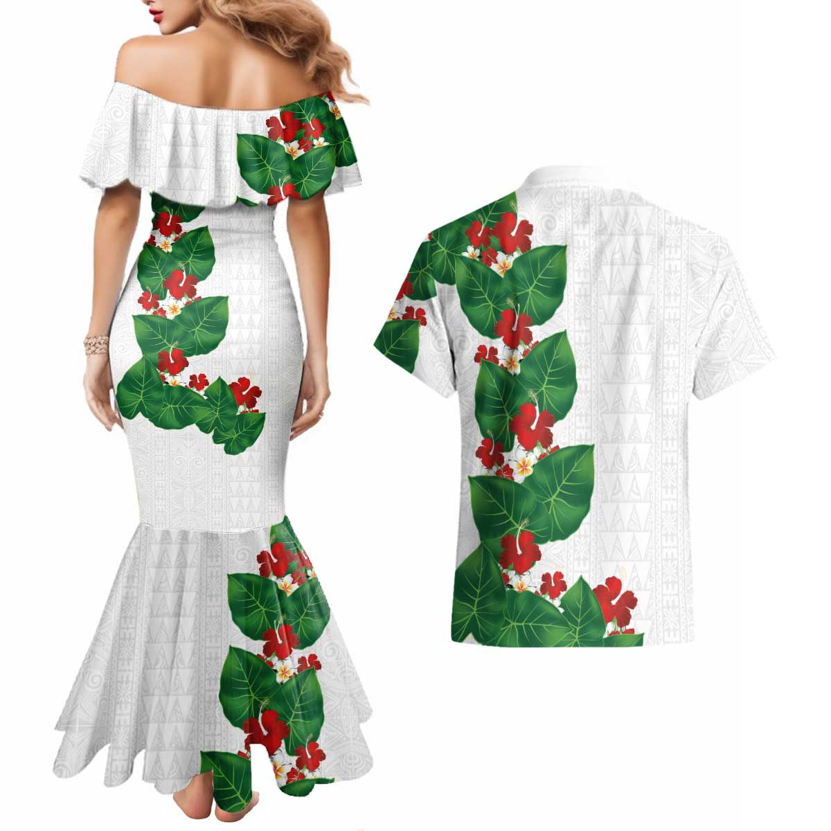Hawaiian Taro Leaves-Hibiscus and Plumeria Couples Matching Mermaid Dress and Hawaiian Shirt Polynesian Art-Kakau Tattoo White