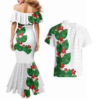 Hawaiian Taro Leaves-Hibiscus and Plumeria Couples Matching Mermaid Dress and Hawaiian Shirt Polynesian Art-Kakau Tattoo White