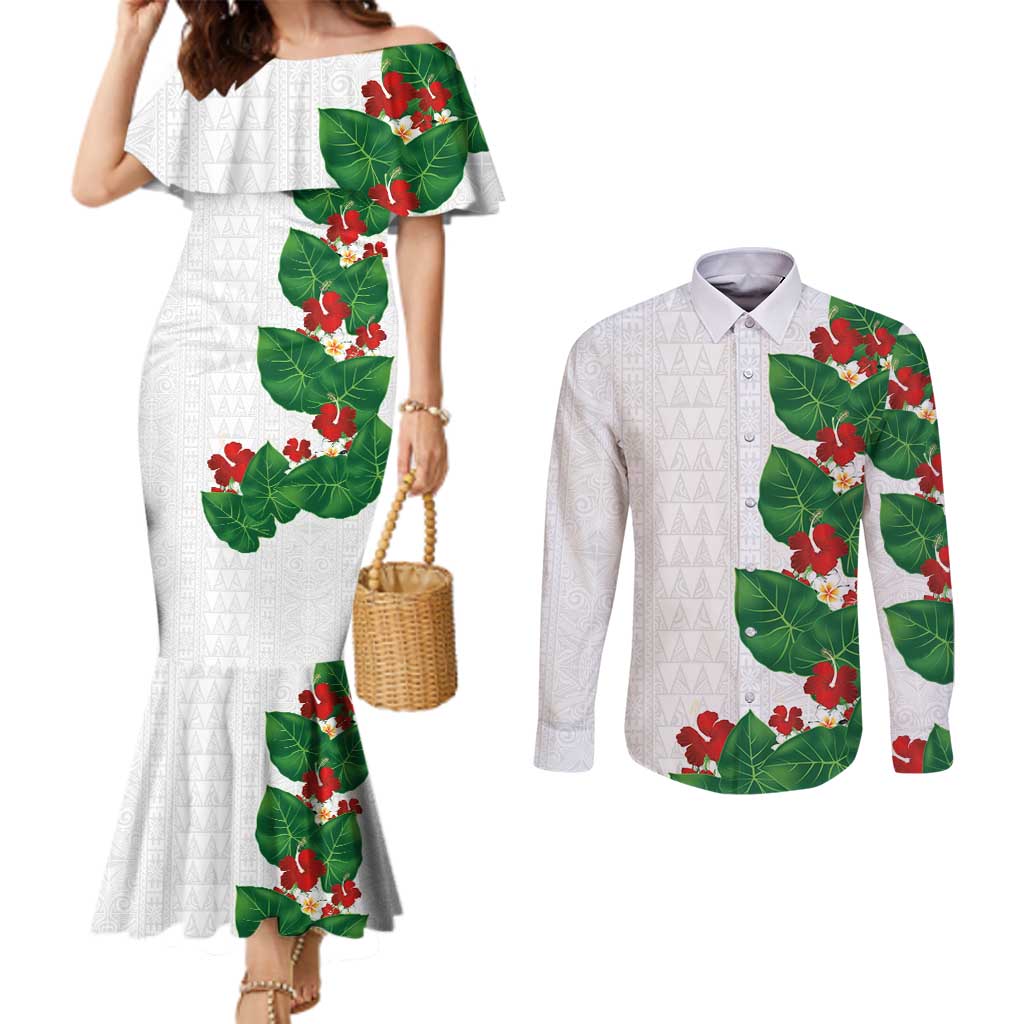 Hawaiian Taro Leaves-Hibiscus and Plumeria Couples Matching Mermaid Dress and Long Sleeve Button Shirt Polynesian Art-Kakau Tattoo White