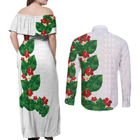 Hawaiian Taro Leaves-Hibiscus and Plumeria Couples Matching Off Shoulder Maxi Dress and Long Sleeve Button Shirt Polynesian Art-Kakau Tattoo White